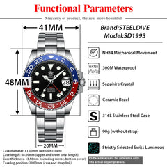 NH34 Movement New In 2023 Four Hands GMT STEELDIVE 41MM SD1993 Super Luminous 300M Waterproof Mens Dive Watch Reloj Ceramic Bzl