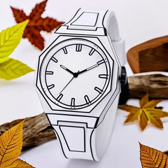 New Men's Watches Black White Mirror Quartz Watch for Man Creativity 2D Comic Style Wristwatch Male Date Week Leisure DIY