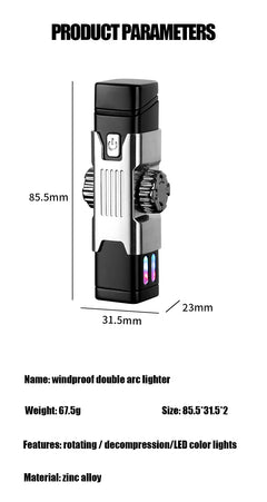 Metal Windproof Double Arc Plasma Lighter, Rotary Play, Electronic Lighter, Alloy Body, USB Fast Charging, LED Color Light, New