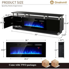 70" Modern Electric Fireplace TV Stand for TVs Up to 80 inch, with Electronic Flame and LED Lights, Luxury High Gloss Finish