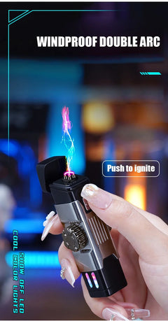 Metal Windproof Double Arc Plasma Lighter, Rotary Play, Electronic Lighter, Alloy Body, USB Fast Charging, LED Color Light, New