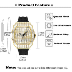 2024 Luxury Brand Men Wristwatch New Creative Full Square Diamond Blingbling Watches Rubber Band Big Face Quartz Watch For Gift