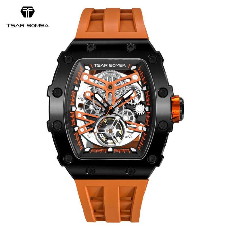 TSAR BOMBA Mens Automatic Watch MIYOTA Movement Skeleton Tonneau Waterproof Wristwatch Luxury Clock Mechanical Watch for Men