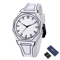 New Men's Watches Black White Mirror Quartz Watch for Man Creativity 2D Comic Style Wristwatch Male Date Week Leisure DIY