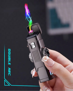 Metal Windproof Double Arc Plasma Lighter, Rotary Play, Electronic Lighter, Alloy Body, USB Fast Charging, LED Color Light, New