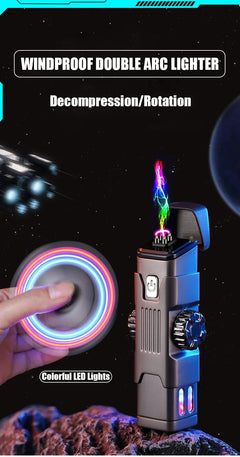 Metal Windproof Double Arc Plasma Lighter, Rotary Play, Electronic Lighter, Alloy Body, USB Fast Charging, LED Color Light, New