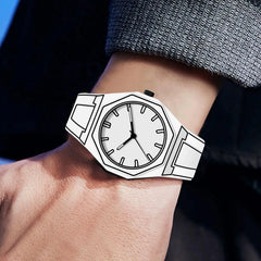 New Men's Watches Black White Mirror Quartz Watch for Man Creativity 2D Comic Style Wristwatch Male Date Week Leisure DIY