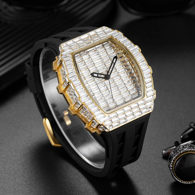 2024 Luxury Brand Men Wristwatch New Creative Full Square Diamond Blingbling Watches Rubber Band Big Face Quartz Watch For Gift